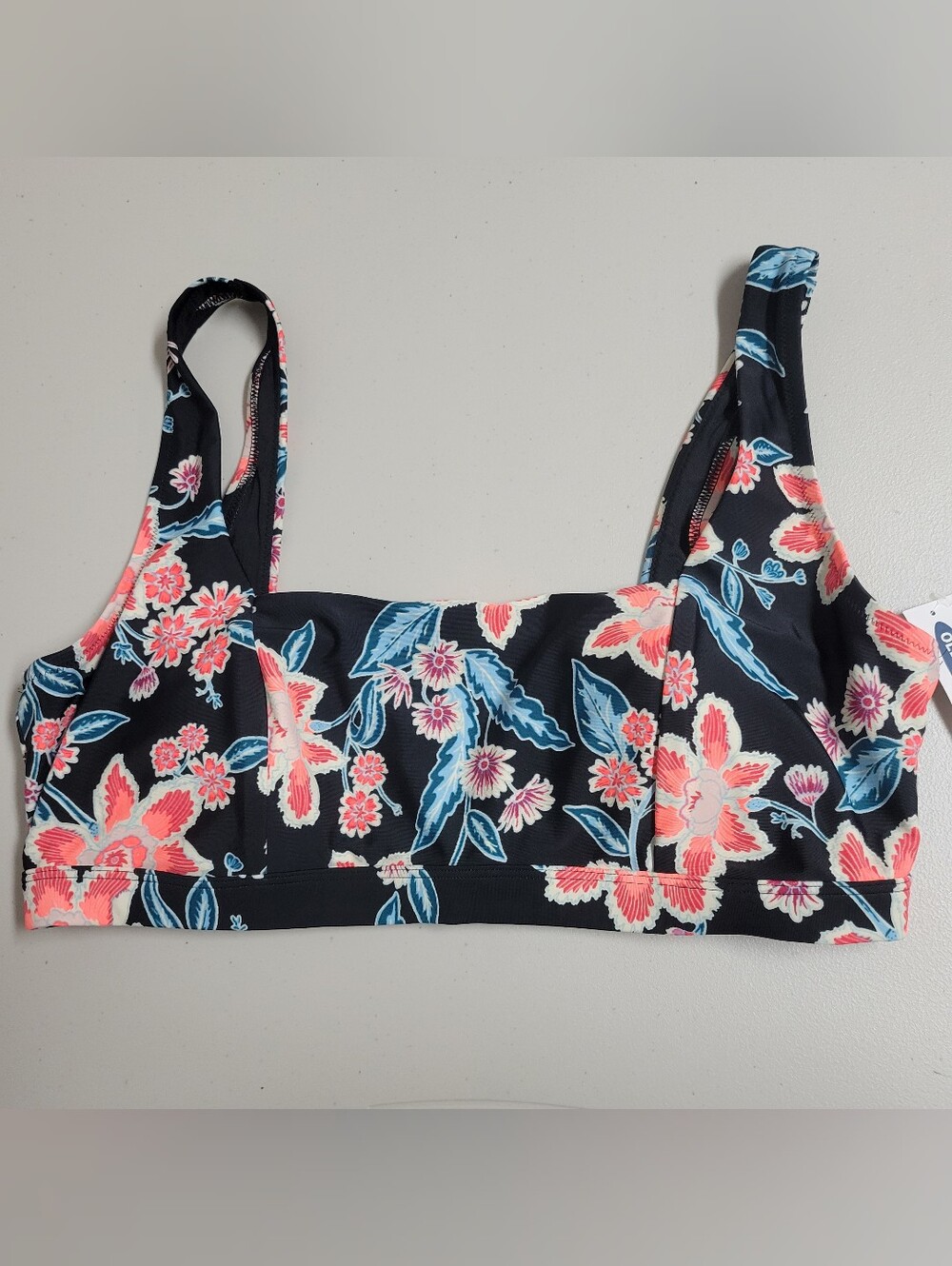 Old Navy NWT Floral Print Bikini Top - Black with Coral & Blue Size XL.